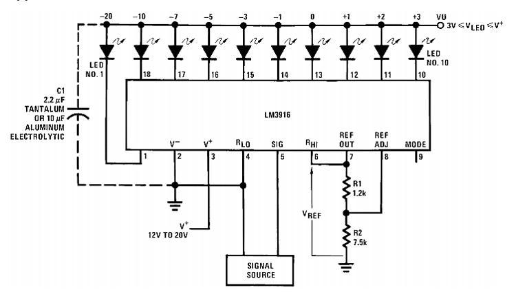 LM3916点/条显示驱动器的基本电路