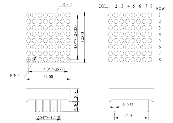 1388A 8X8 LED矩阵模块尺寸